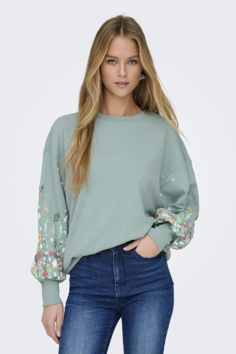 Only Trui ONLBROOKE L/S O-NECK FLOWER SWT NOO 15216364 GRAY MIST/SLEEVE FLOWER