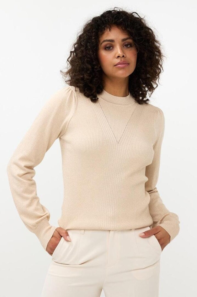 SWEATER MIX RIB V DETAIL LUREX F24 31501 168 LIGHT SAND