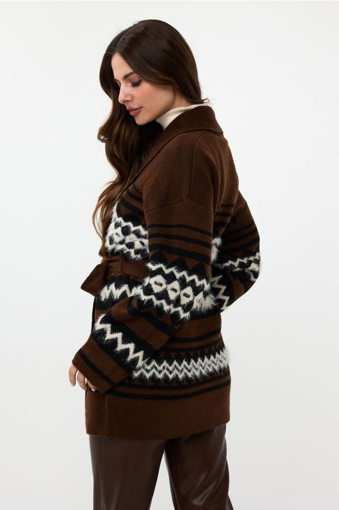 CARDIGAN HAIRY ETHNIC STRIPE F24 07525 770 CHOCOLATE