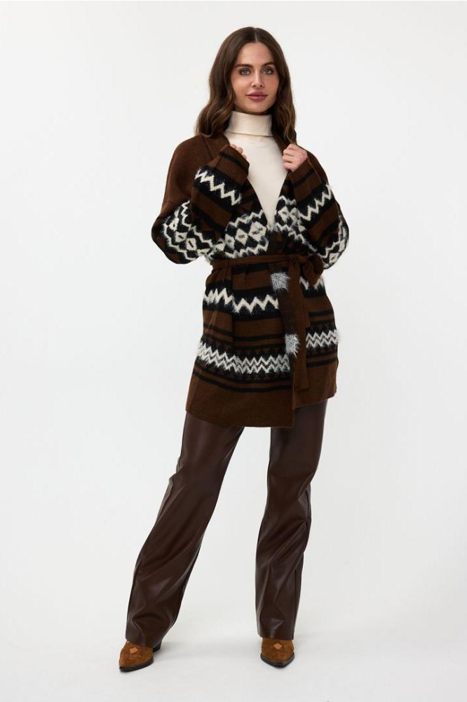 CARDIGAN HAIRY ETHNIC STRIPE F24 07525 770 CHOCOLATE