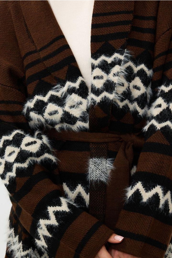 CARDIGAN HAIRY ETHNIC STRIPE F24 07525 770 CHOCOLATE