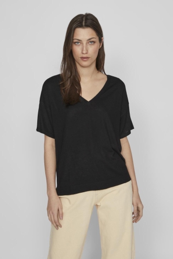 Vila T-shirt VIABELLA REV S/S V-NECK KNIT TOP - 14089540 Black