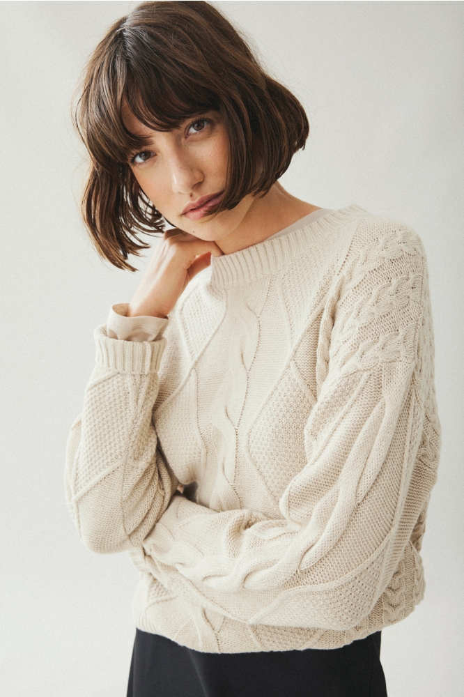 VILOU O-NECK L/S CABLE KNIT TOP - N 14094182 Feather Grey