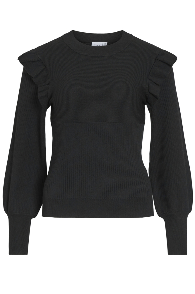 VINEIRA O-NECK L/S RIB KNIT TOP - 14094194 BLACK BEAUTY