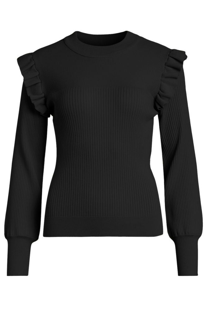 VINEIRA O-NECK L/S RIB KNIT TOP - 14094194 BLACK BEAUTY