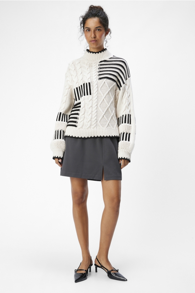 OBJRUBY RE L/S KNIT PULLOVER CC1 AW 23044723 WHITE SAND/BLACK