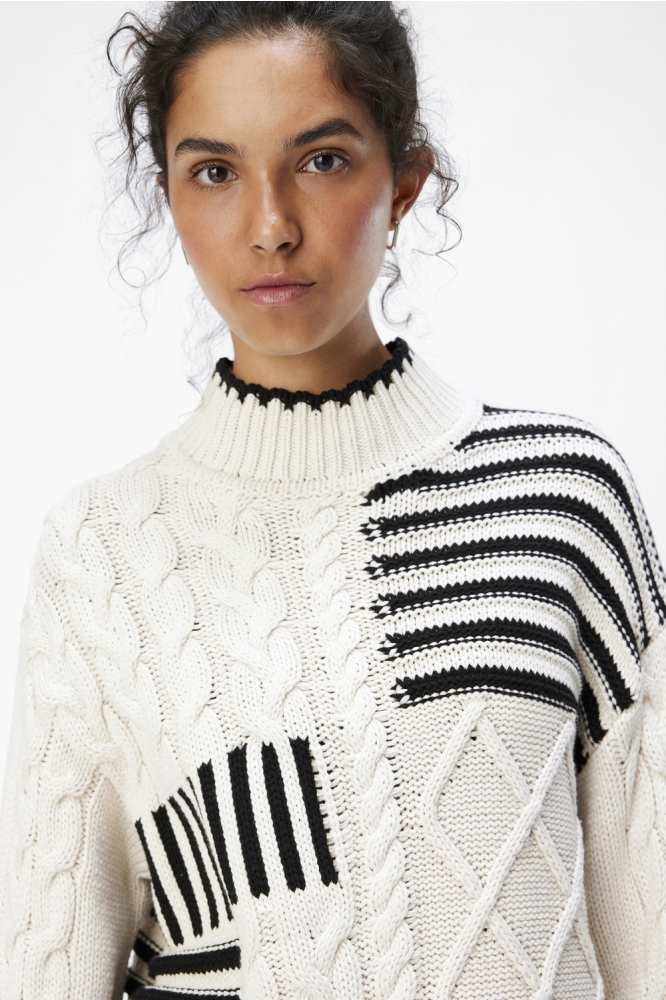 OBJRUBY RE L/S KNIT PULLOVER CC1 AW 23044723 WHITE SAND/BLACK