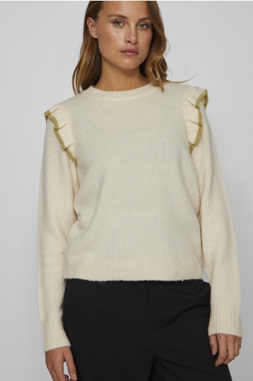 Vila Trui VINANZY L/S O-NECK FLOUNCE KNIT TOP 14100771 BIRCH/GOLD GLIT