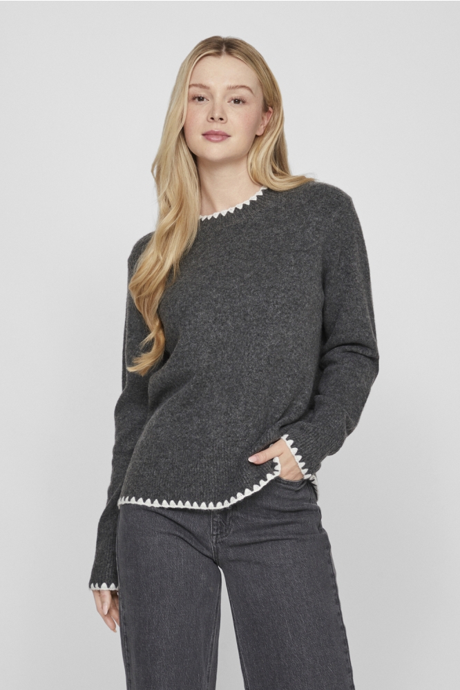 VIHEFNA STITCH DETAIL KNIT TOP/R 14098864 DARK GREY MELANGE/WHITE ALYS