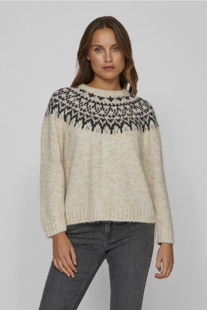 VIEJLA O-NECK L/S JACQUARD KNIT TOP 14098853 SUPER LIGHT NAT/DGM