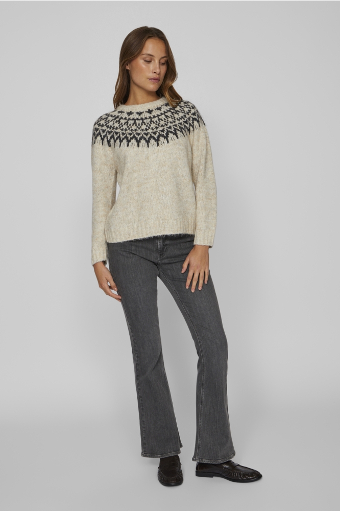 VIEJLA O-NECK L/S JACQUARD KNIT TOP 14098853 SUPER LIGHT NAT/DGM