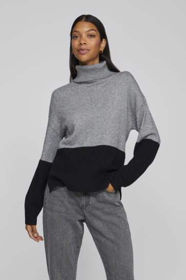 Vila Trui VIRIL BLOCKING ROLL-NK L/S KNIT TOP 14084235 MEDIUM GREY MEL/BLACK RIB