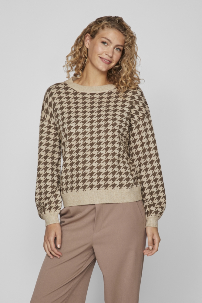 VIRIL L/S HOUNDSTOOTH KNIT TOP/KA 14095973 NATURAL MELANGE/HOUNDSTOOT