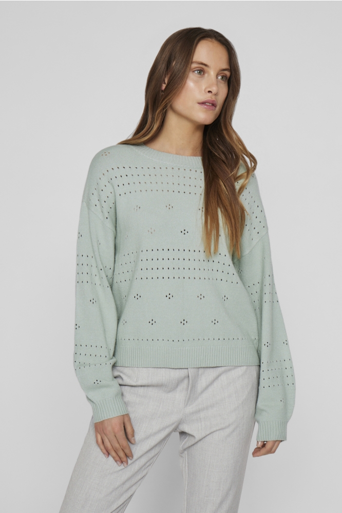 VIRIL L/S O-NECK POINTELLE KNIT TOP 14101222 SILT GREEN/DARK MELANGE