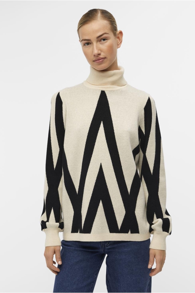 OBJRAY L/S KNIT ROLLNECK PULLOVER N 23043290 SANDSHELL/BLACK GRAP