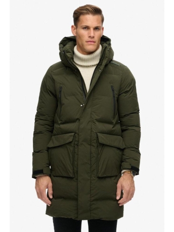 Superdry Jas HOODED LONGLINE PUFFER JACKET M5011977A SURPLUS GOODS OLIVE GREEN