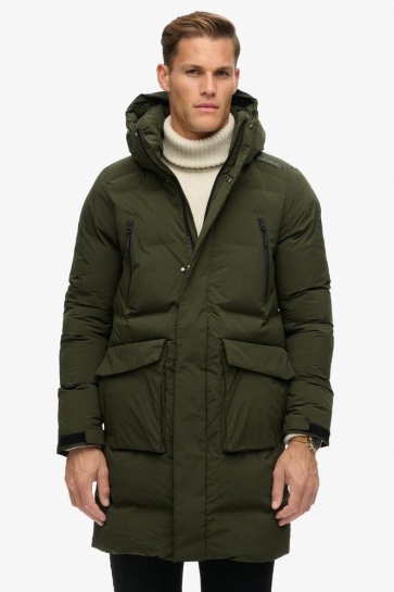 Superdry Jas HOODED LONGLINE PUFFER JACKET M5011977A SURPLUS GOODS OLIVE GREEN