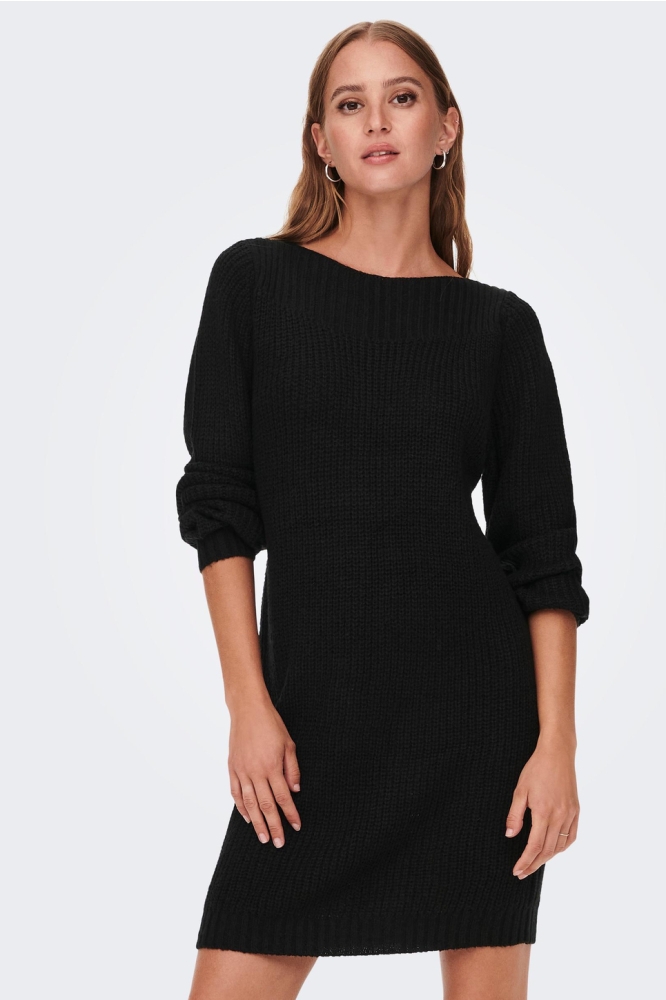 JDYWHITNEY MEGAN L/S BOAT DRESS KNT 15234103 Black/W BLACK PL