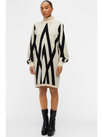 Object Jurk OBJRAY L/S KNIT ROLLNECK DRESS AOP 23041252 SANDSHELL