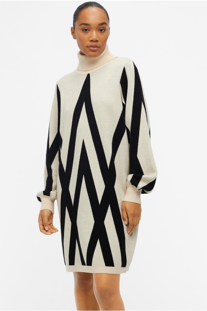 OBJRAY L/S KNIT ROLLNECK DRESS AOP 23041252 SANDSHELL