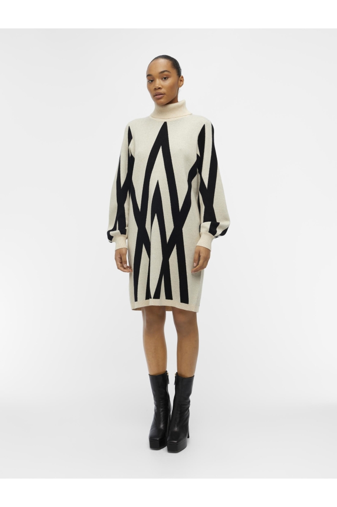 OBJRAY L/S KNIT ROLLNECK DRESS AOP 23041252 SANDSHELL