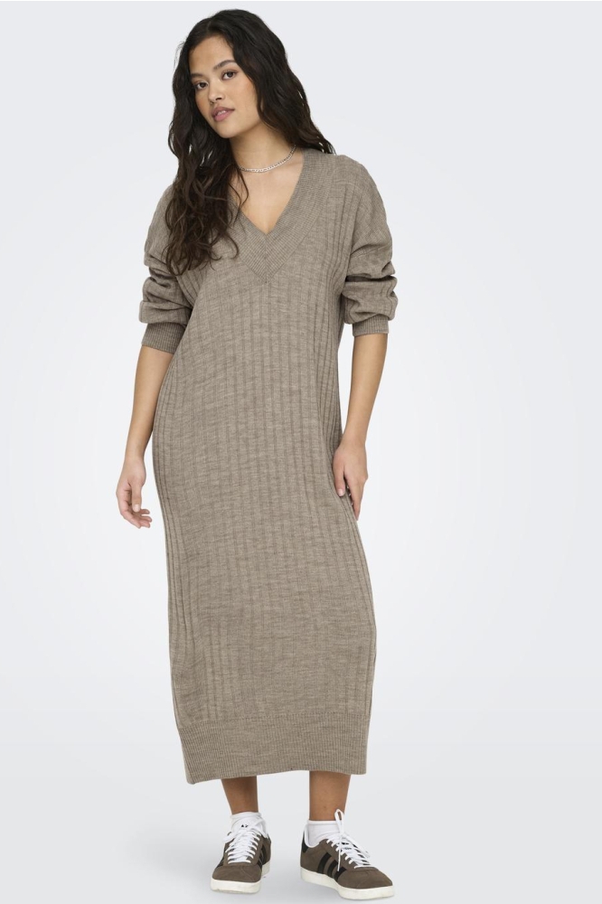 ONLNEW TESSA L/S MIDI V DRESS KNT N 15236372 BEIGE/W MELANGE