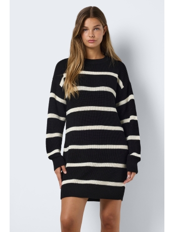 Noisy may Jurk NMMAYSA L/S O-NECK KNIT DRESS NOOS 27027577 Black stripes eggnog