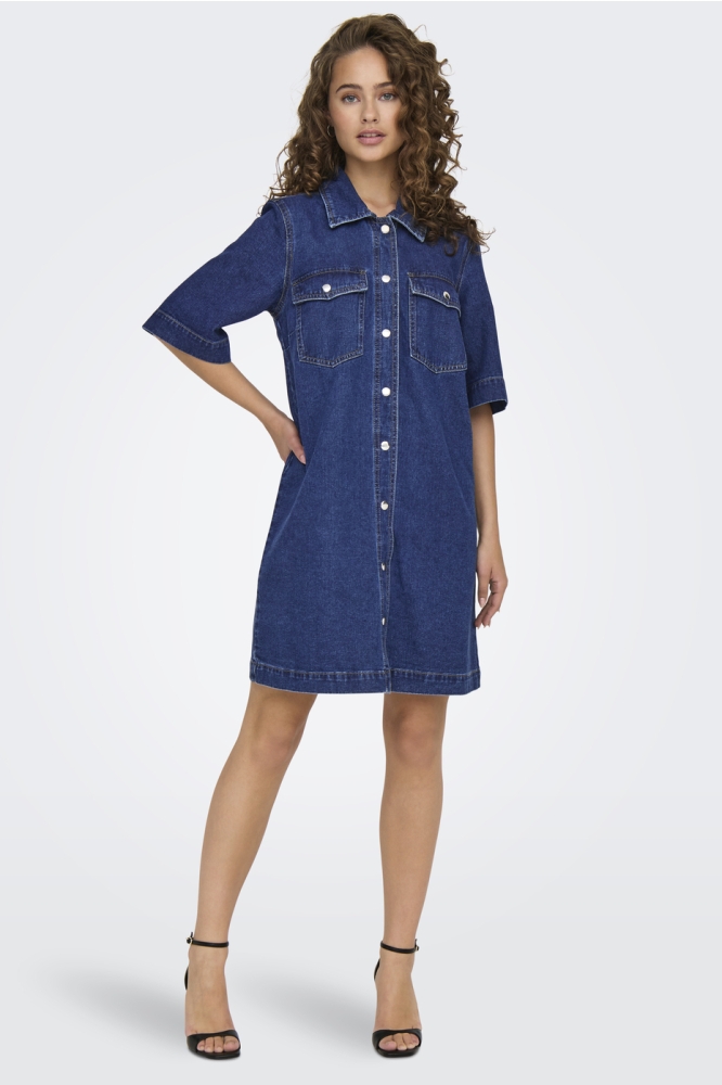 ONLBELLE S/S BUTTON DRESS DNM GUA N 15324384 DARK BLUE DENIM