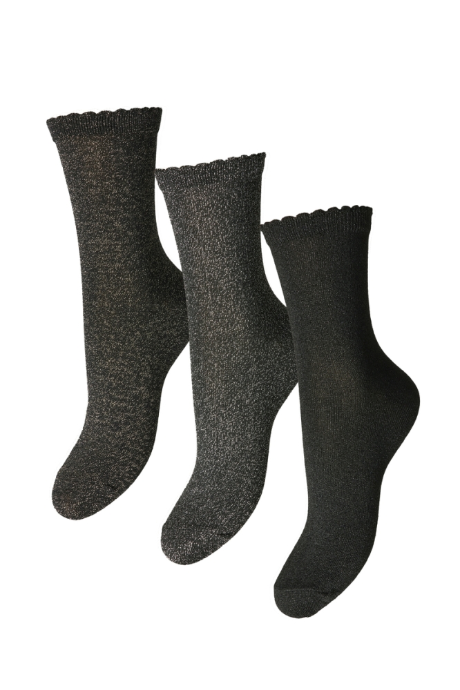 PCSEBBY GLITTER LONG 3-PACK SOCKS N 17114641 BLACK